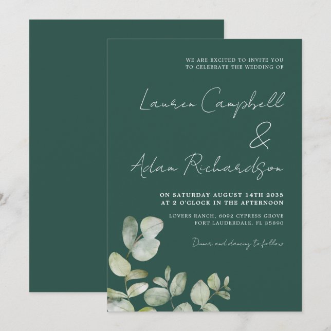 Convite Casamento de Eucalipto com Aquarela Verde Escuro M (Frente/Verso)