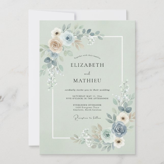 Convite Casamento de Eucalipto com Ardósia e Espuma do Mar (Frente)