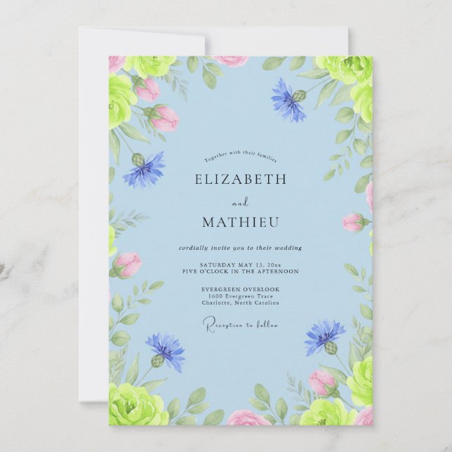 Convite Casamento de Eucalipto com Centáurea Rosa e Azul-P (Frente)