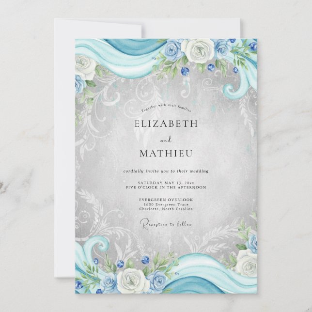 Convite Casamento de Eucalipto com Filigrana Prata Ciano (Frente)