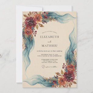 Convite Casamento de Eucalipto com Fita Azul-Bordô