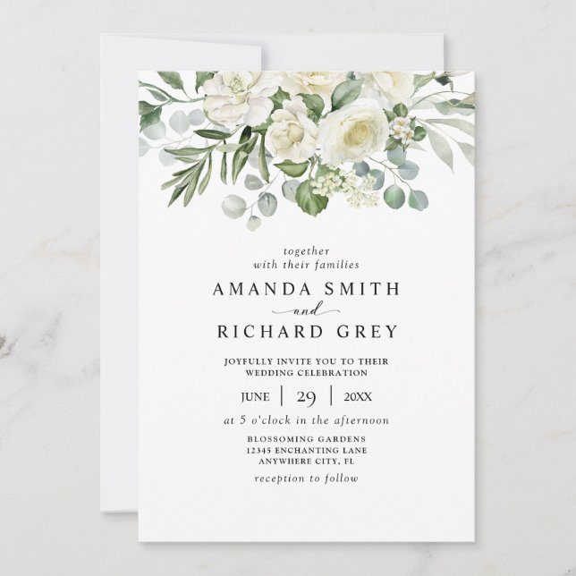 Convite Casamento de Eucalipto com Floral de Marfim Elegan (Frente)