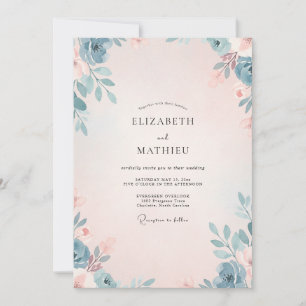 Convite Casamento de Eucalipto com Folhagem Aço Rosa