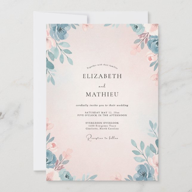 Convite Casamento de Eucalipto com Folhagem Aço Rosa (Frente)