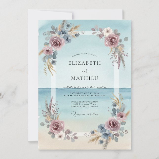 Convite Casamento de Eucalipto com Folhagem Aquamarinha e  (Frente)