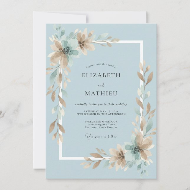 Convite Casamento de Eucalipto com Folhagem Azul Céu e Cha (Frente)