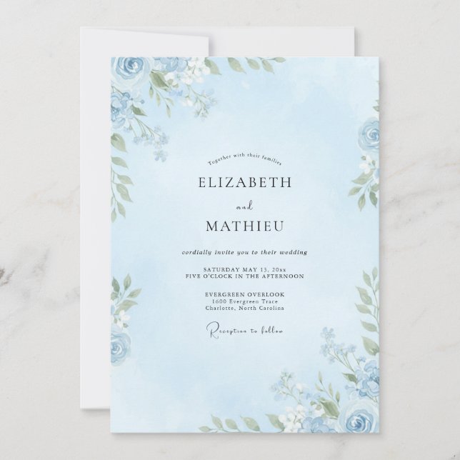Convite Casamento de Eucalipto com Folhagem Azul Claro (Frente)