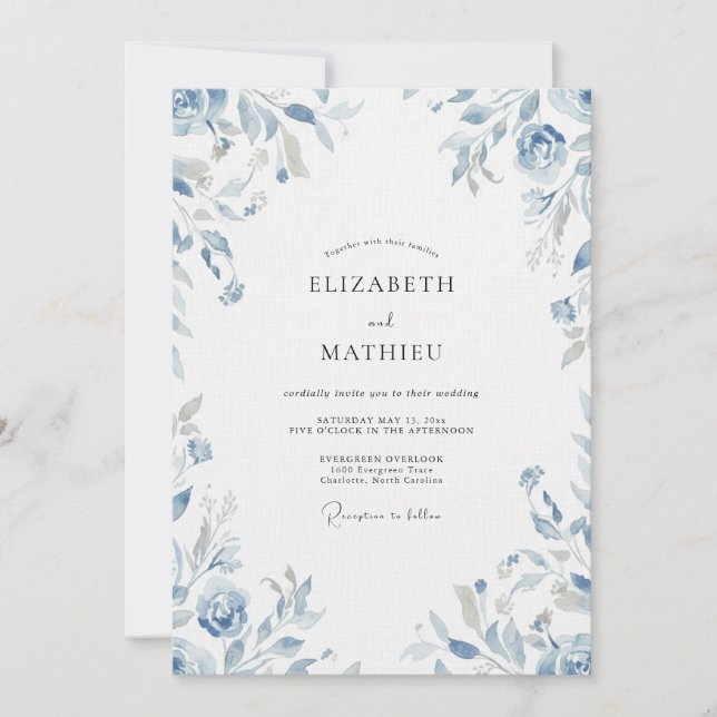Convite Casamento de Eucalipto com Folhagem Azul-Pervinca (Frente)