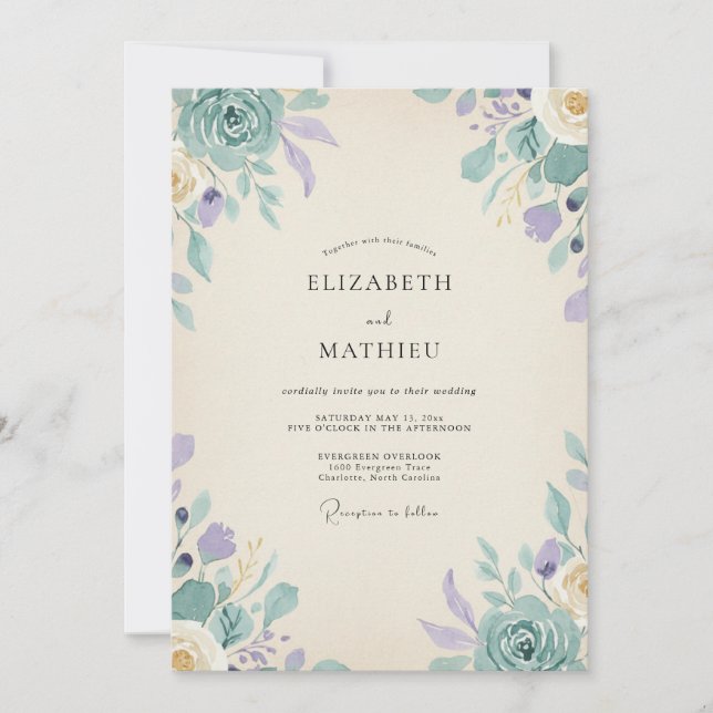 Convite Casamento de Eucalipto com Folhagem Azul-Pervinca- (Frente)