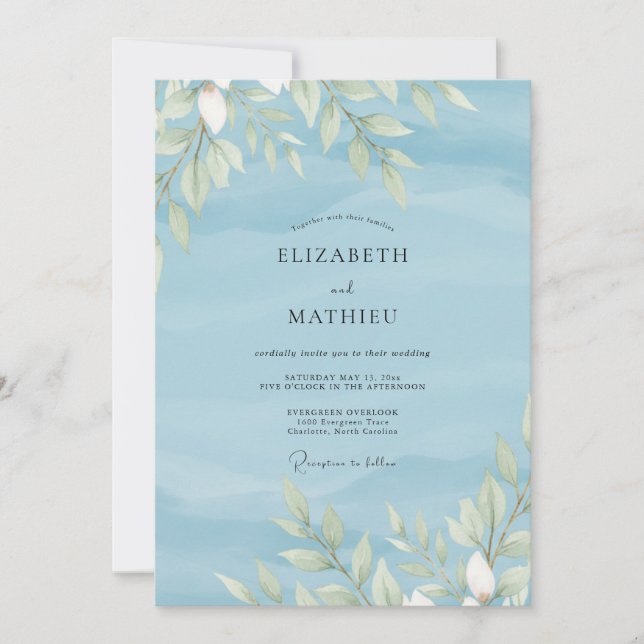 Convite Casamento de Eucalipto com Folhagem Azul Pó (Frente)