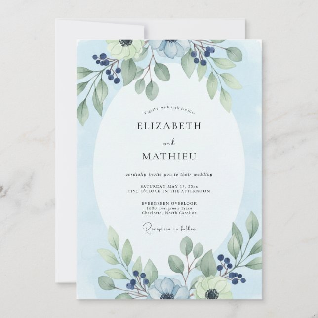 Convite Casamento de Eucalipto com Folhagem Azul Pó (Frente)