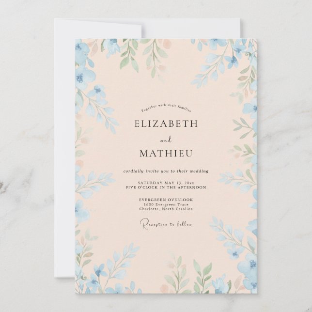 Convite Casamento de Eucalipto com Folhagem Azul Rosa (Frente)