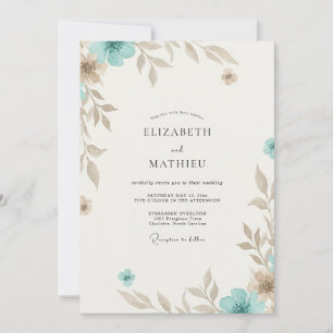 Convite Casamento de Eucalipto com Folhagem Bege e Azul Tu