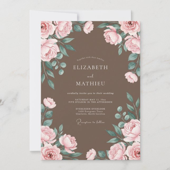 Convite Casamento de Eucalipto com Folhagem Bege Rosada (Frente)
