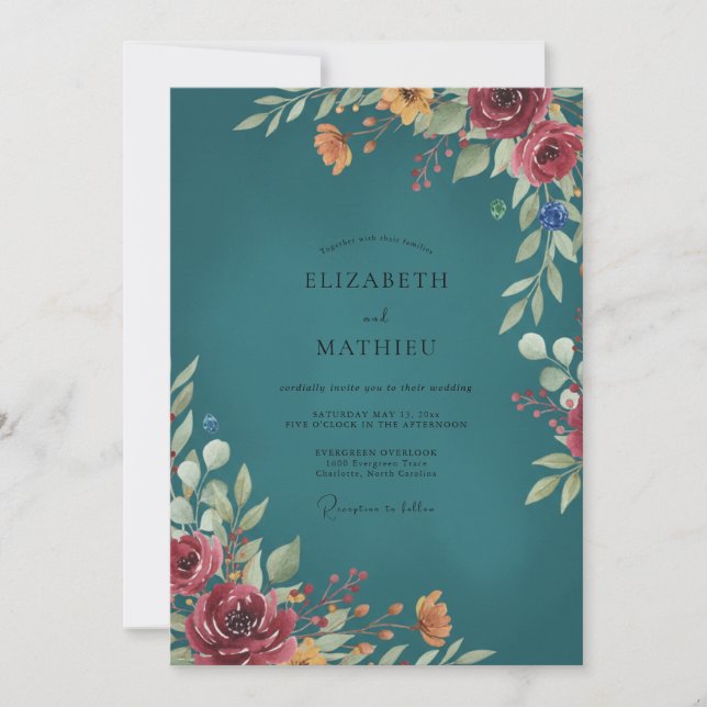 Convite Casamento de Eucalipto com Folhagem Burgundy Teal (Frente)