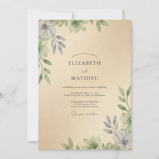 Convite Casamento de Eucalipto com Folhagem Champagne (Frente)