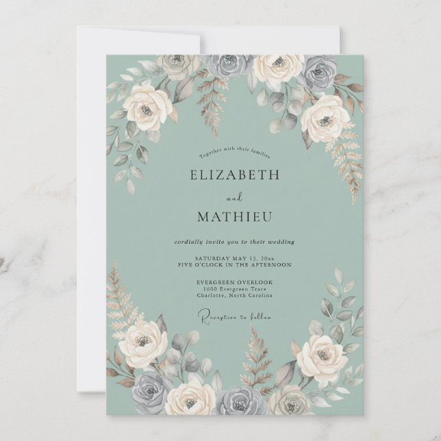 Convite Casamento de Eucalipto com Folhagem Cinza Espuma d (Frente)