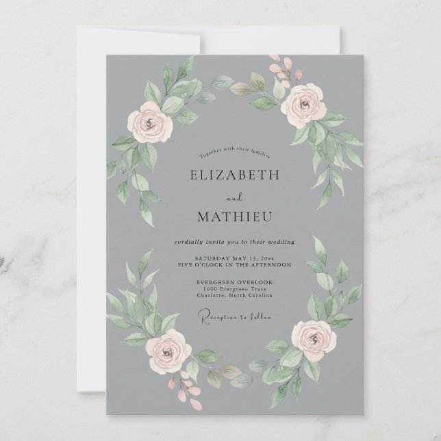Convite Casamento de Eucalipto com Folhagem Cor-de-Rosa Pá (Frente)