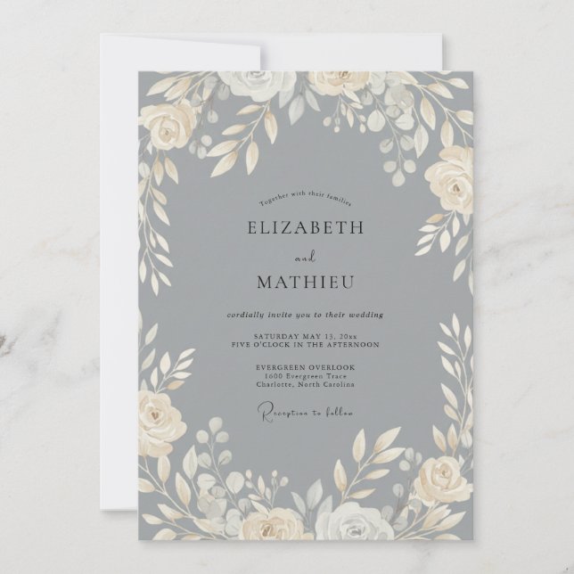 Convite Casamento de Eucalipto com Folhagem Creme Ardósia (Frente)