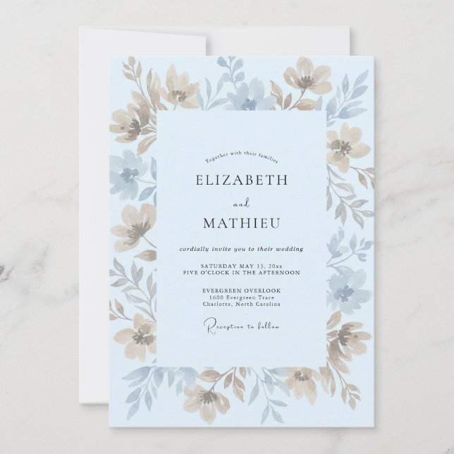 Convite Casamento de Eucalipto com Folhagem Creme Azul (Frente)