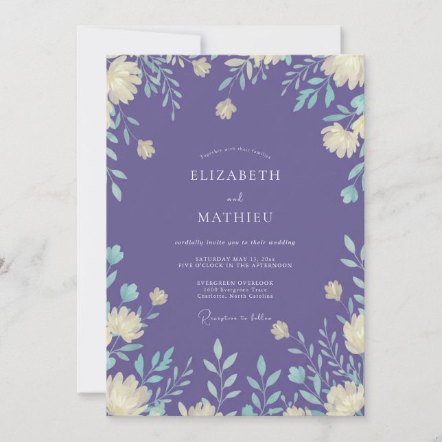 Convite Casamento de Eucalipto com Folhagem Creme e Violet (Frente)