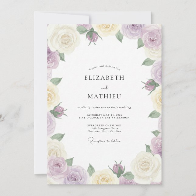 Convite Casamento de Eucalipto com Folhagem Creme Lilás (Frente)