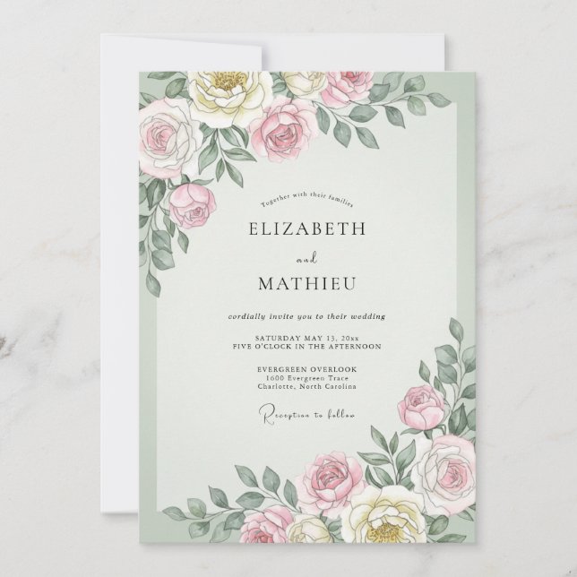 Convite Casamento de Eucalipto com Folhagem Creme Malva (Frente)