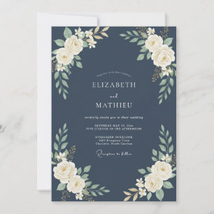 Convite Casamento de Eucalipto com Folhagem Creme Marinho