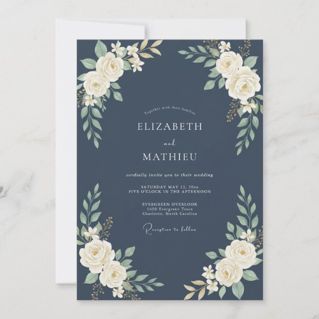 Convite Casamento de Eucalipto com Folhagem Creme Marinho (Frente)