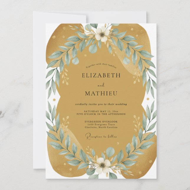 Convite Casamento de Eucalipto com Folhagem de Aço Âmbar (Frente)