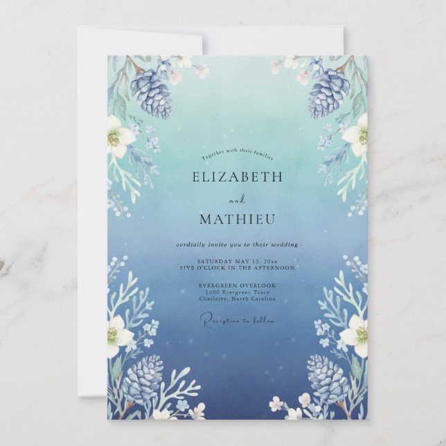 Convite Casamento de Eucalipto com Folhagem de Aço Azure (Frente)