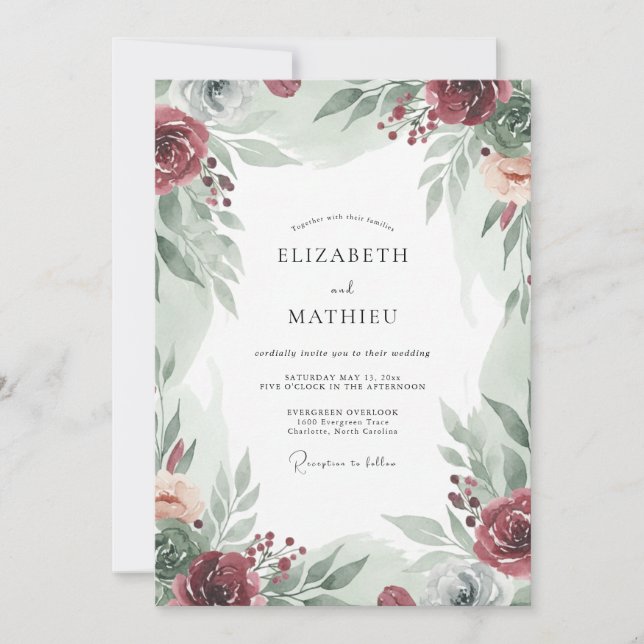 Convite Casamento de Eucalipto com Folhagem de Borgonha (Frente)