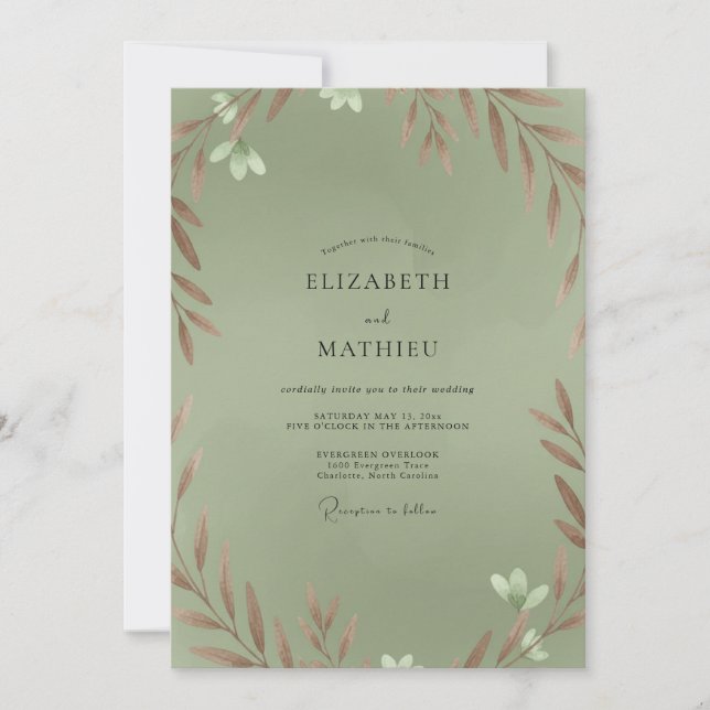 Convite Casamento de Eucalipto com Folhagem de Cobre Sage (Frente)