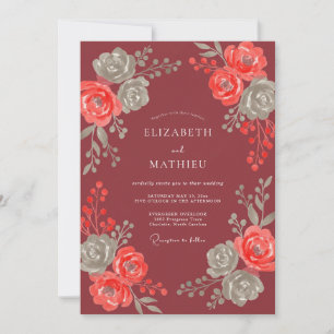 Convite Casamento de Eucalipto com Folhagem de Coral Marro
