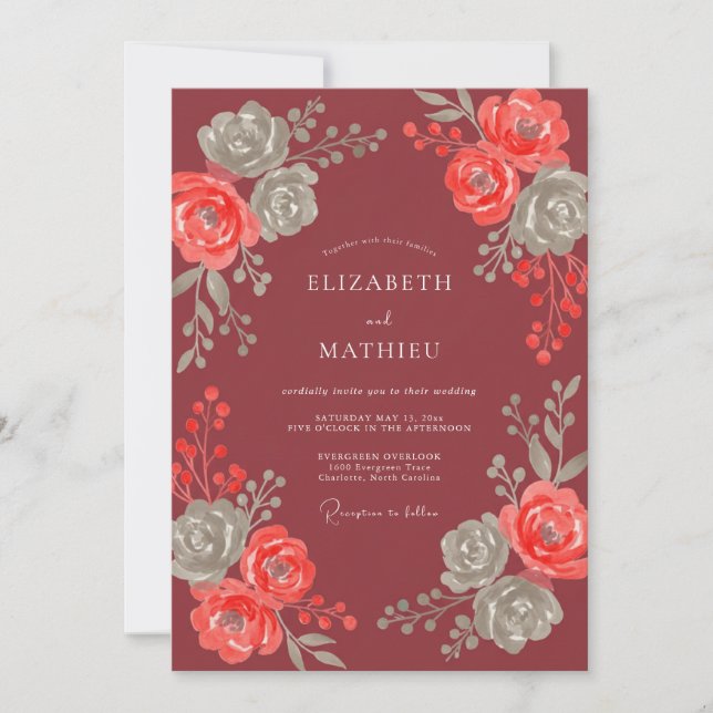 Convite Casamento de Eucalipto com Folhagem de Coral Marro (Frente)