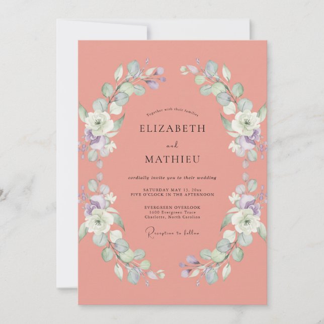 Convite Casamento de Eucalipto com Folhagem de Coral Suave (Frente)