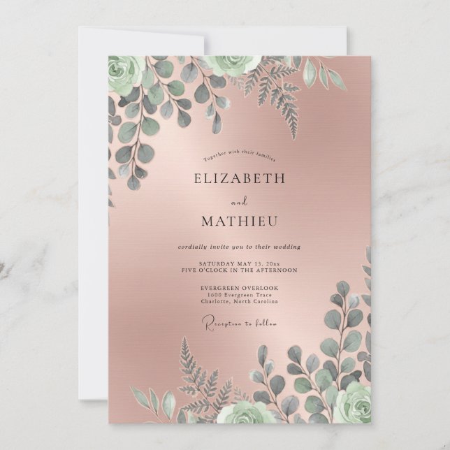 Convite Casamento de Eucalipto com Folhagem de Mauve Suave (Frente)