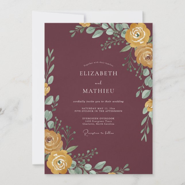 Convite Casamento de Eucalipto com Folhagem de Ocre Borgon (Frente)
