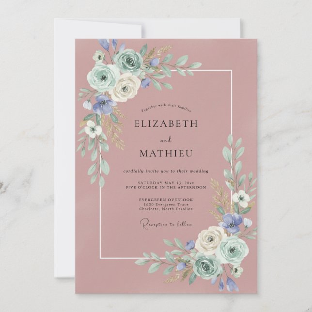 Convite Casamento de Eucalipto com Folhagem de Periwinkle  (Frente)