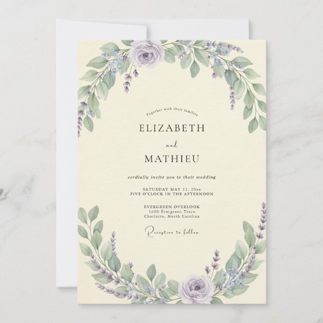 Convite Casamento de Eucalipto com Folhagem de Salvia Lilá (Frente)