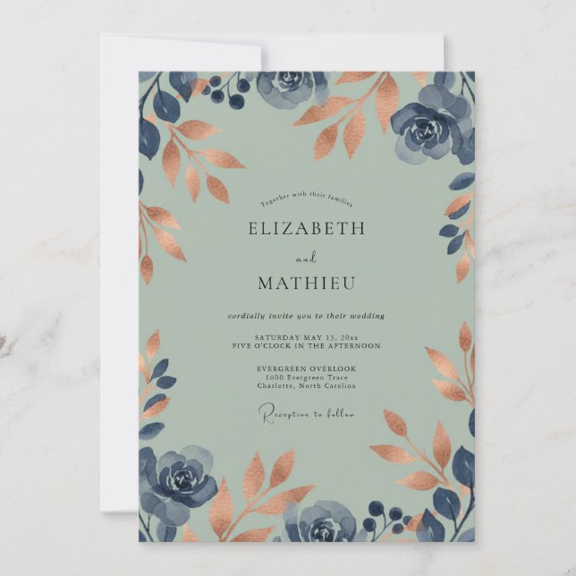 Convite Casamento de Eucalipto com Folhagem de Teal Cobre (Frente)