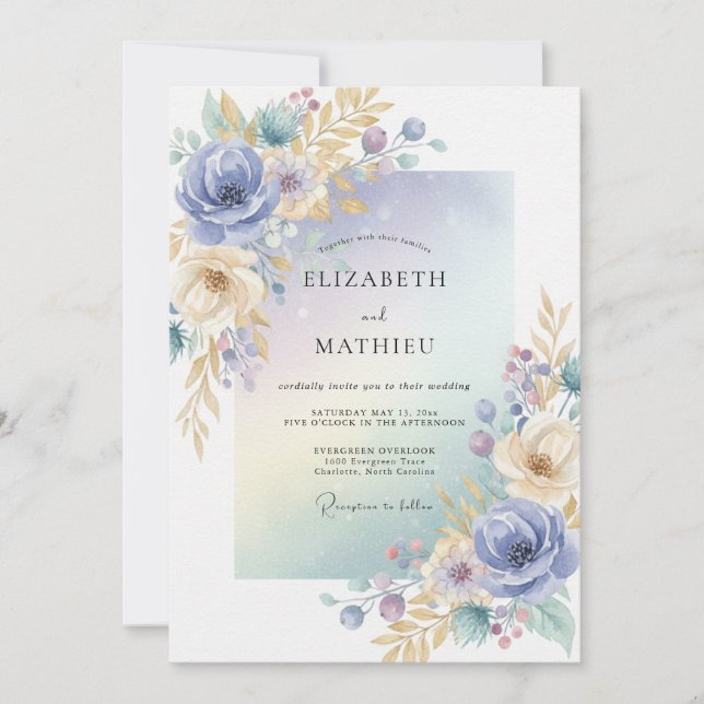 Convite Casamento de Eucalipto com Folhagem Dourada e Peri (Frente)