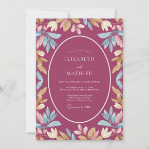 Convite Casamento de Eucalipto com Folhagem Dourada Magent