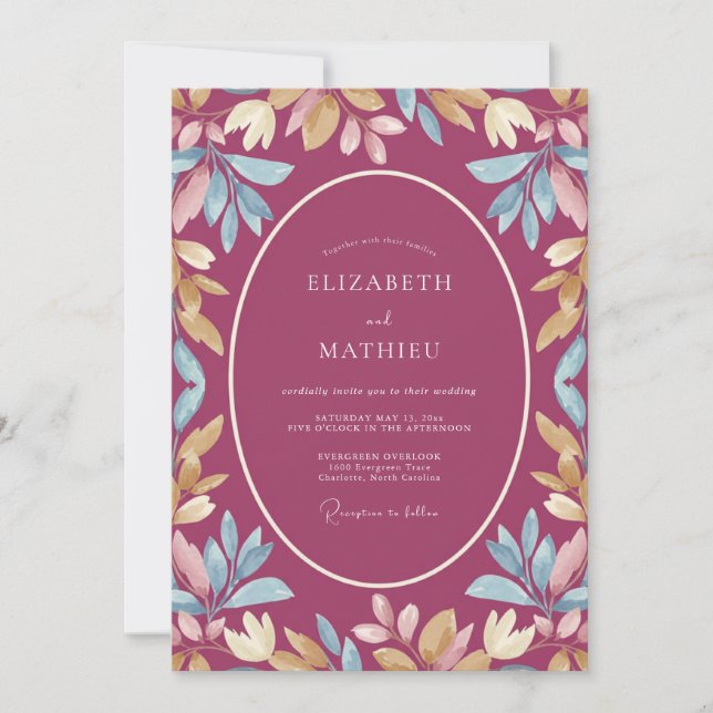 Convite Casamento de Eucalipto com Folhagem Dourada Magent (Frente)