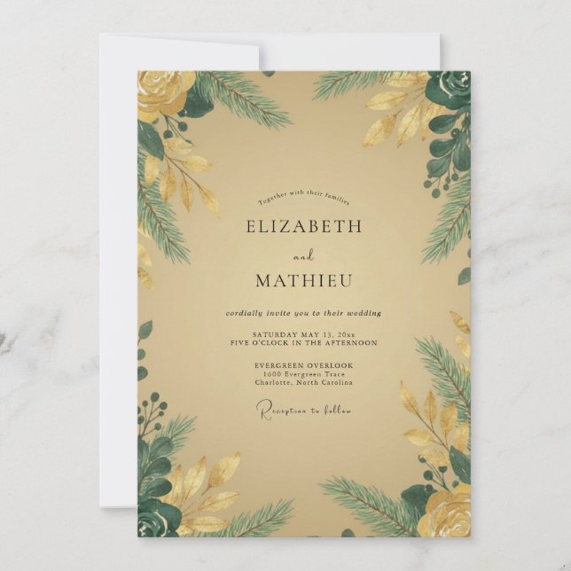 Convite Casamento de Eucalipto com Folhagem Dourada Mostar (Frente)
