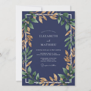 Convite Casamento de Eucalipto com Folhagem Dourada Safira