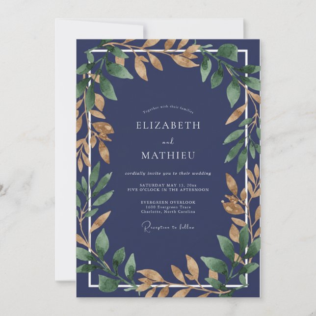 Convite Casamento de Eucalipto com Folhagem Dourada Safira (Frente)