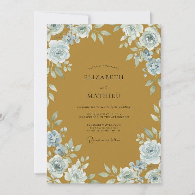 Convite Casamento de Eucalipto com Folhagem em Aço Azul e  (Frente)