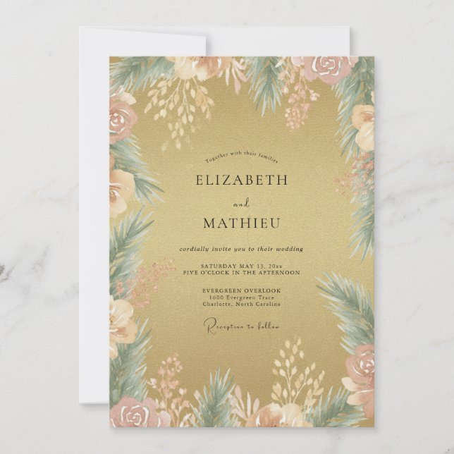Convite Casamento de Eucalipto com Folhagem em Ouro Antigo (Frente)