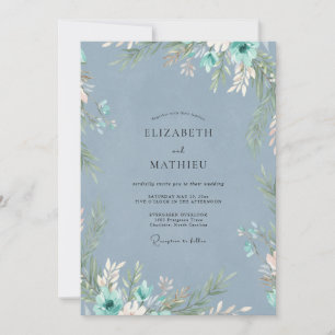 Convite Casamento de Eucalipto com Folhagem em Teal Aço